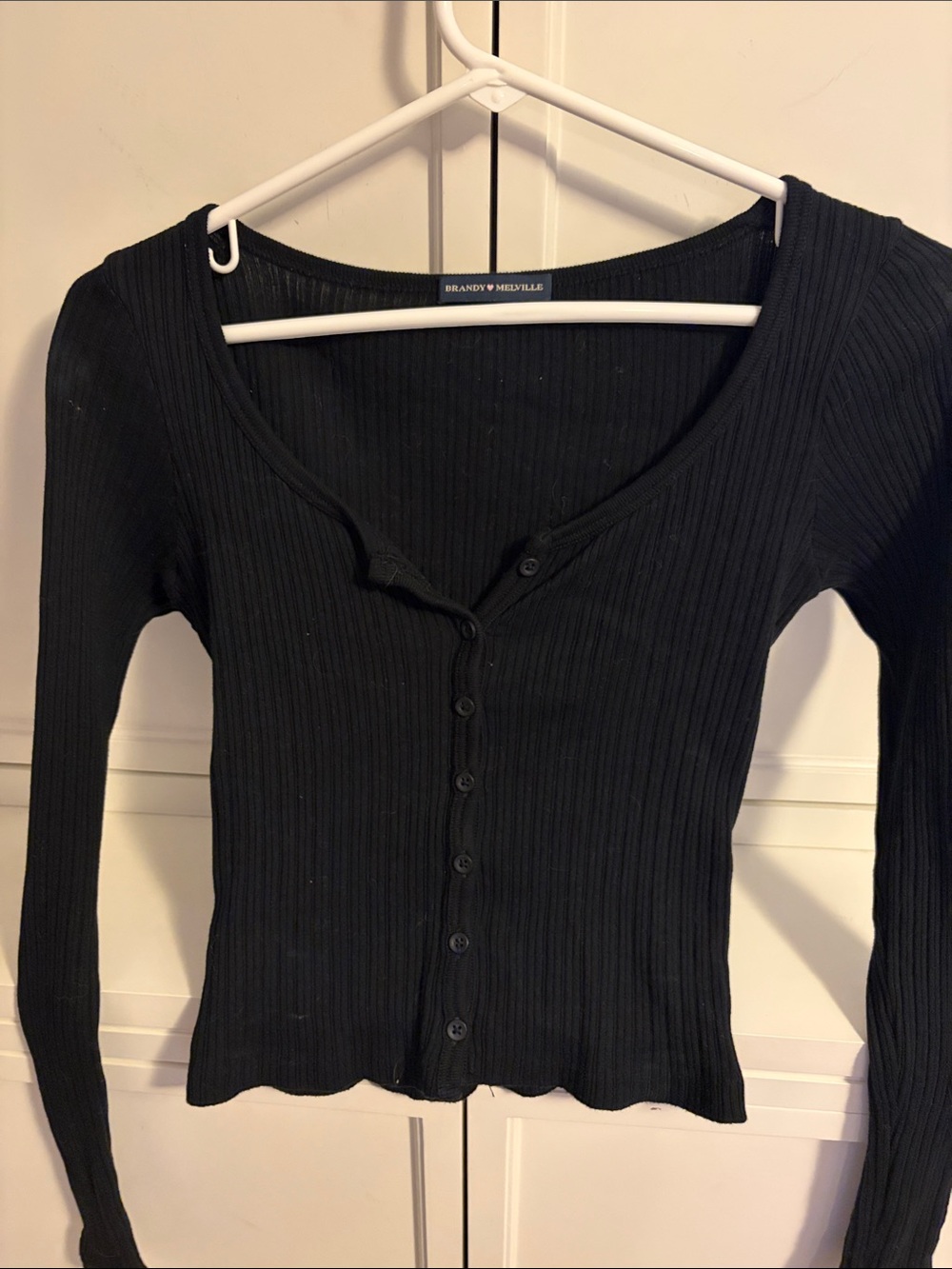 Brandy Melville Black Ribbed Button-Front Long Sleeve Top